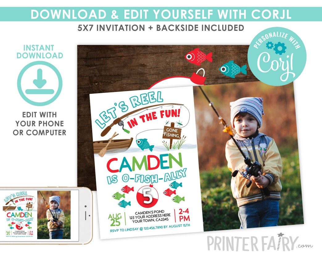 Fishing Birthday Invitation with Photo, O-Fish-Ally Party (Digital Download)