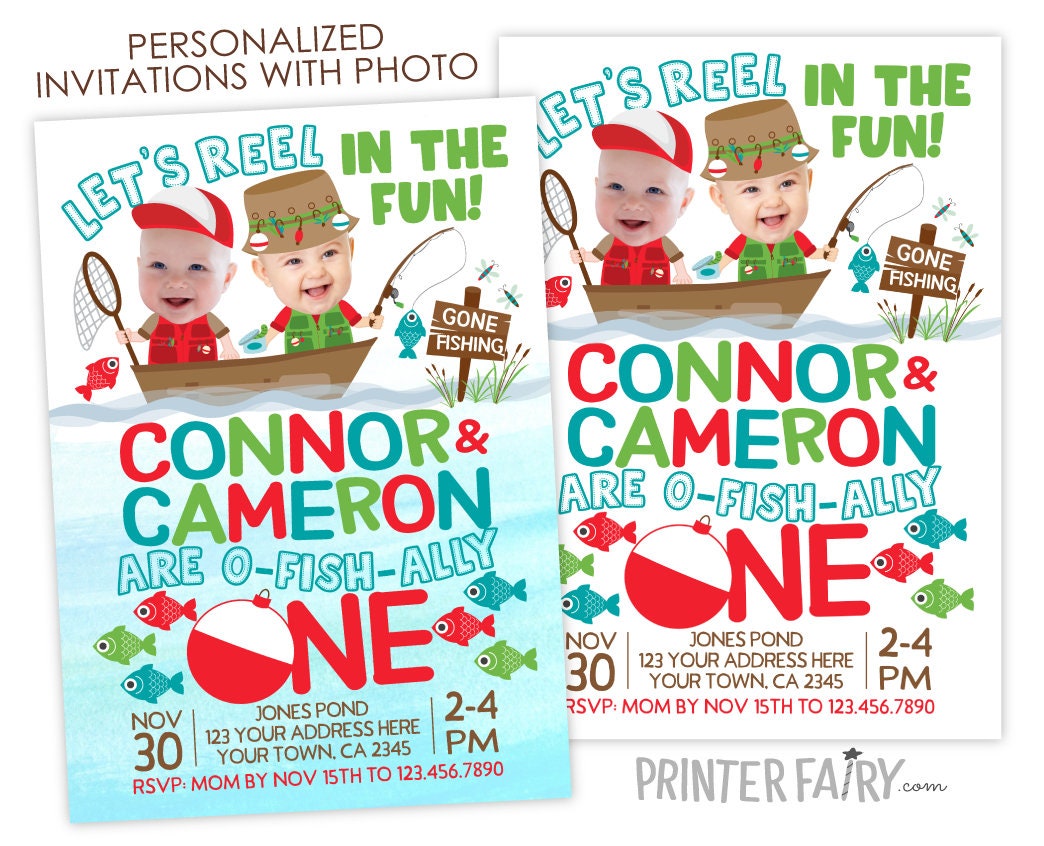 Fishing Birthday Invitation with Photo, Twins, Any Age (Digital)