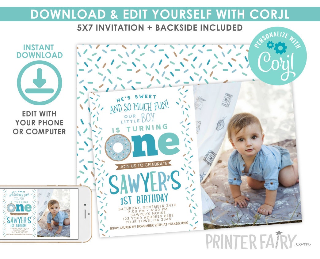 Donut First Birthday Invitation Template with Photo (Digital Download)