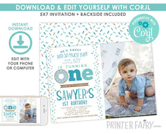 Donut First Birthday Invitation Template with Photo (Digital Download)