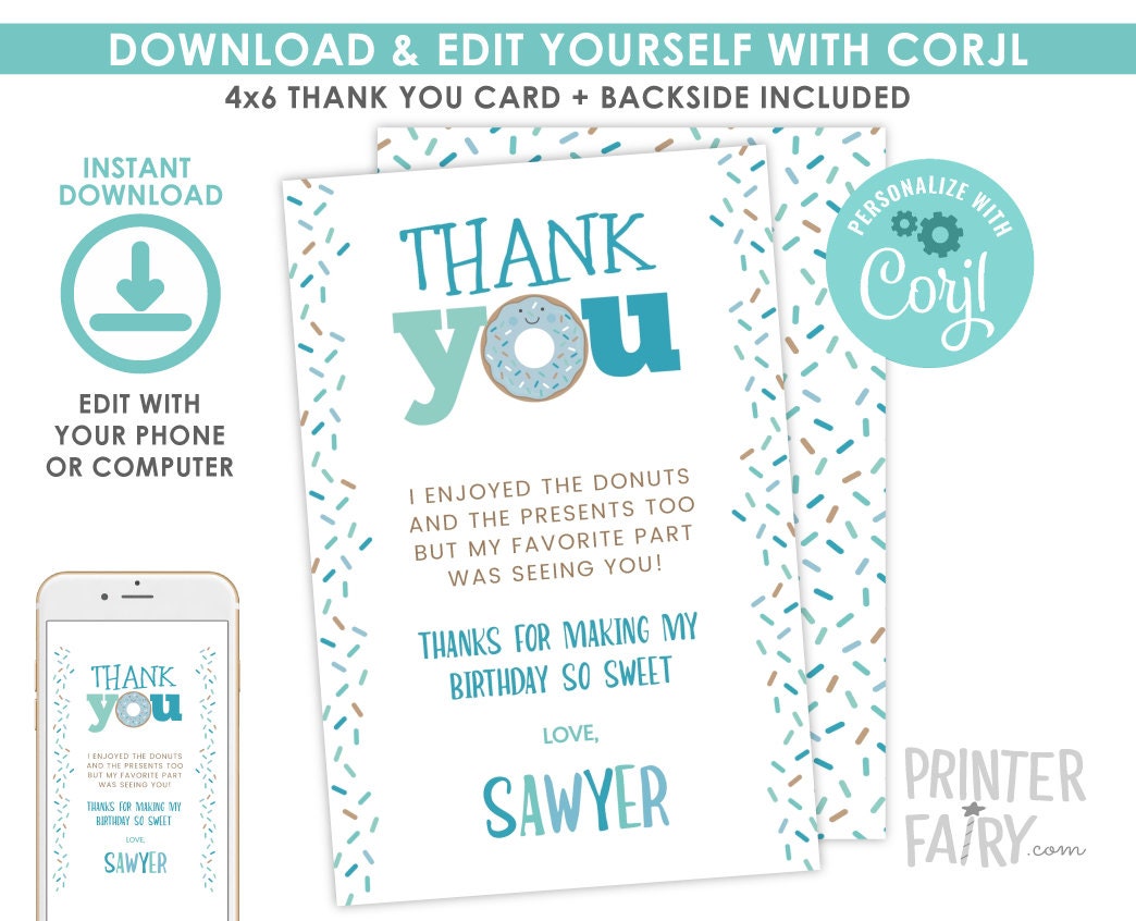 Donut Birthday Thank You Cards, Editable Template (Digital Download)