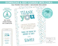 Donut Birthday Thank You Cards, Editable Template (Digital Download)