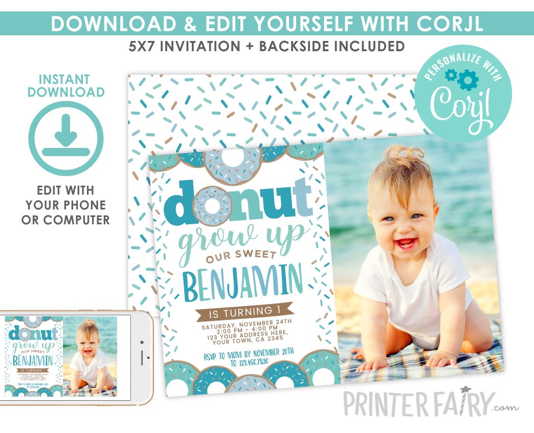 Donut Grow Up Boy 1st Birthday Invitation with Photo (INSTANT DOWNLOAD)