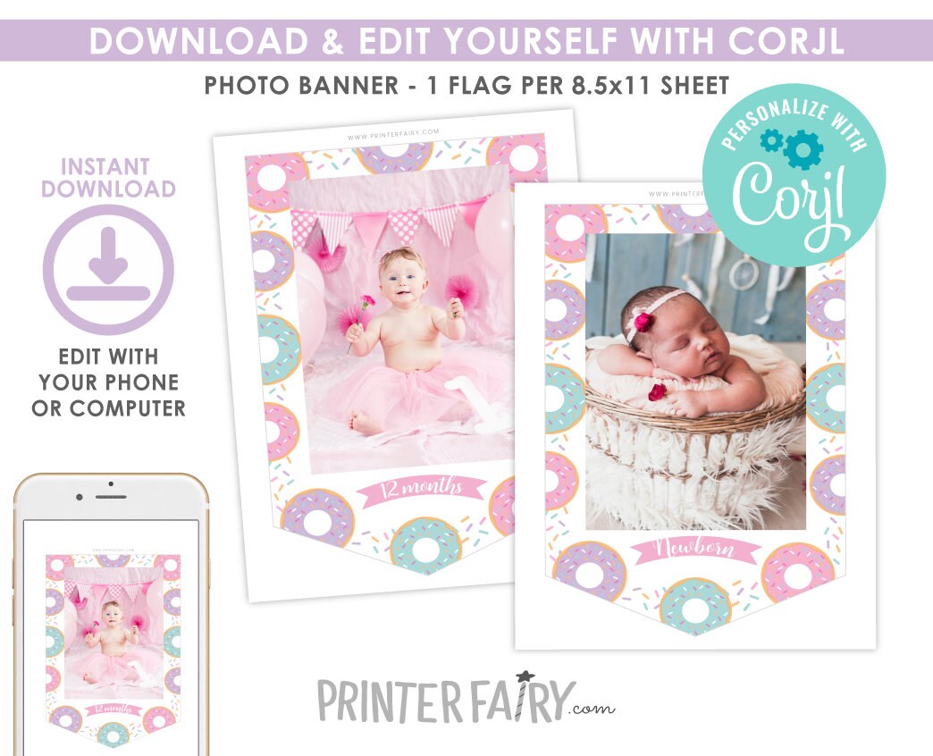 Donut 1st Birthday Monthly Photo Banner EDITABLE Template, Instant Download