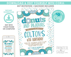 Donuts and Pajamas Birthday Invitation, Editable Donut Party (INSTANT DOWNLOAD)