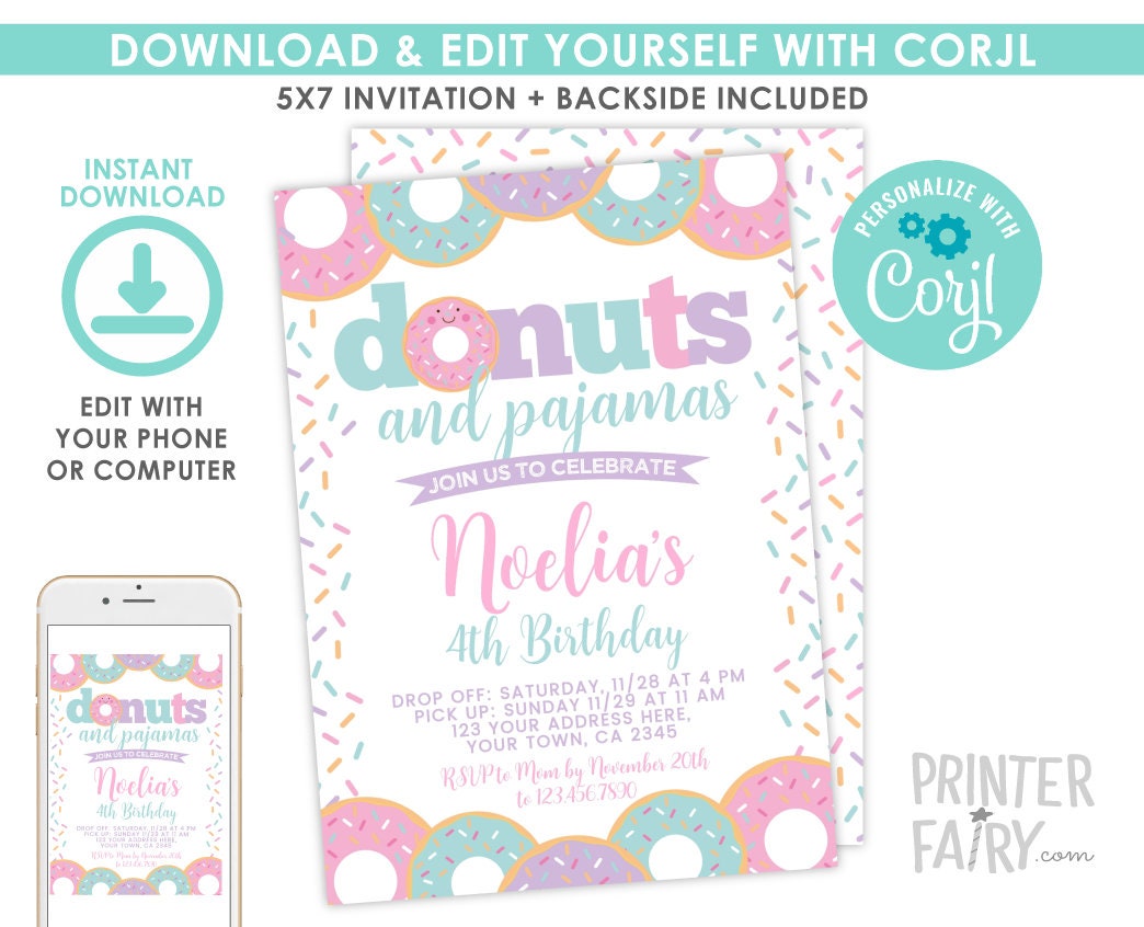 Donuts and Pajamas Birthday Invitation, Editable Donut Party Invite (Instant Download)