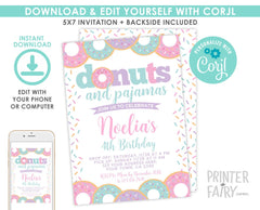 Donuts and Pajamas Birthday Invitation, Editable Donut Party Invite (Instant Download)