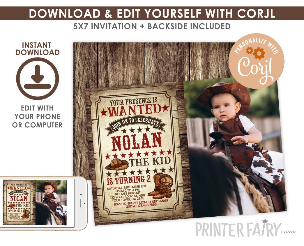 Editable Western Birthday Invitation, Wanted Poster, Cowboy Party (Digital Download)