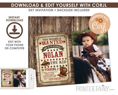 Editable Western Birthday Invitation, Wanted Poster, Cowboy Party (Digital Download)