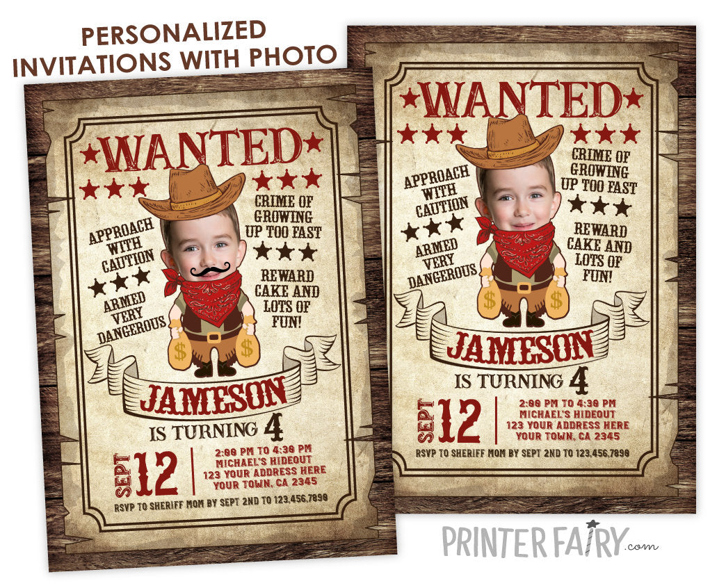 Personalized Wanted Poster Birthday Invitation, Wild West Cowboy (Digital)