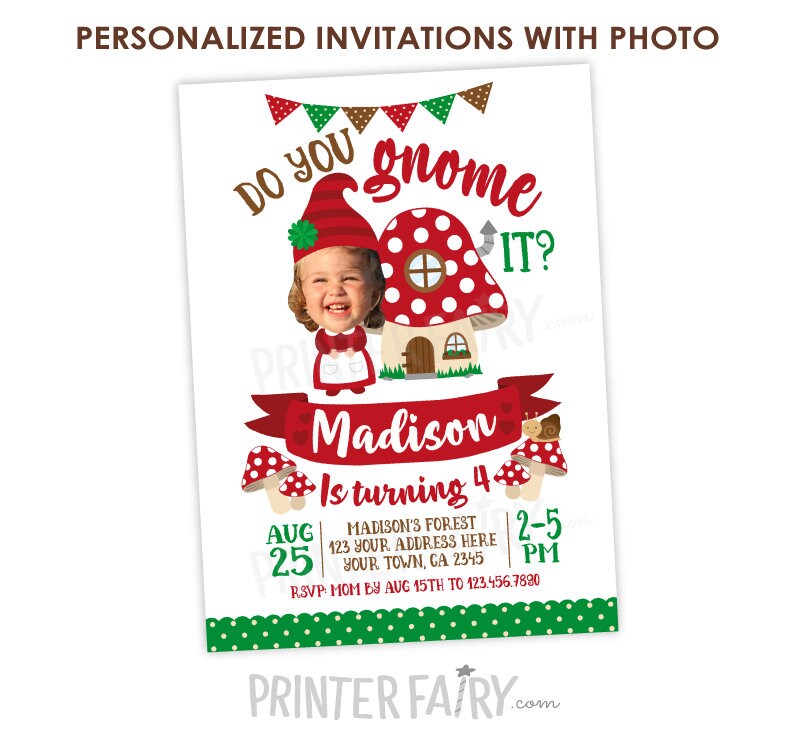 Woodland Gnome Birthday Invitation with Photo (Digital Invite)