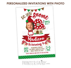Woodland Gnome Birthday Invitation with Photo (Digital Invite)