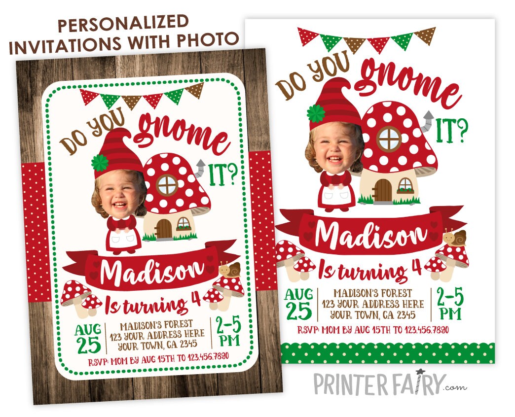 Woodland Gnome Birthday Invitation with Photo (Digital Invite)