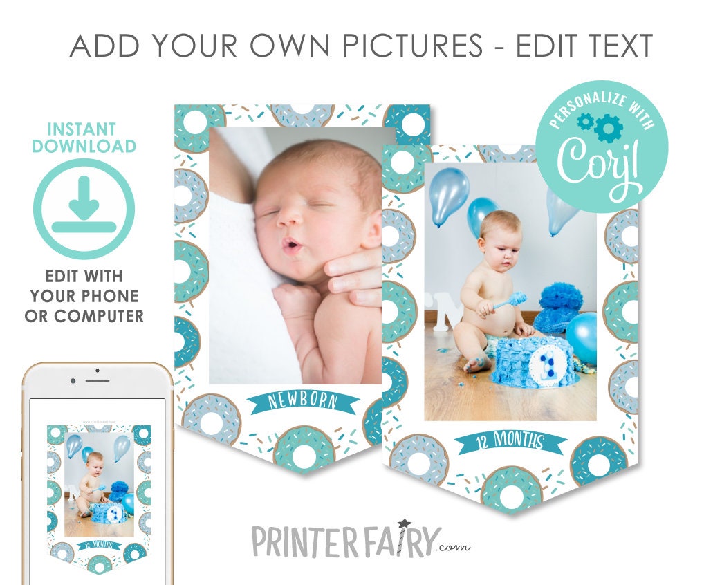 Donut Photo Banner, Editable Birthday Decor (Instant Download)