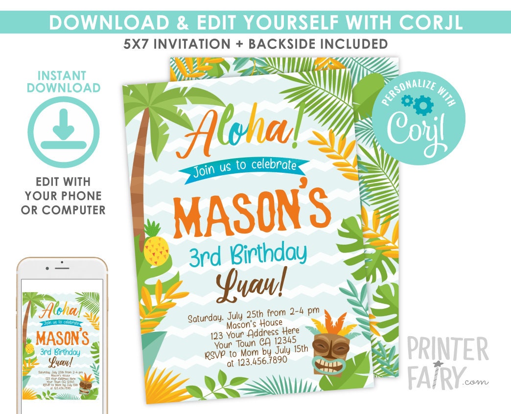 Editable Luau Birthday Invitation, Summer Beach Party (Digital Invite)