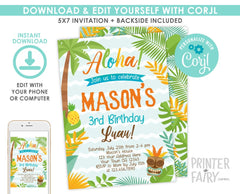 Editable Luau Birthday Invitation, Summer Beach Party (Digital Invite)