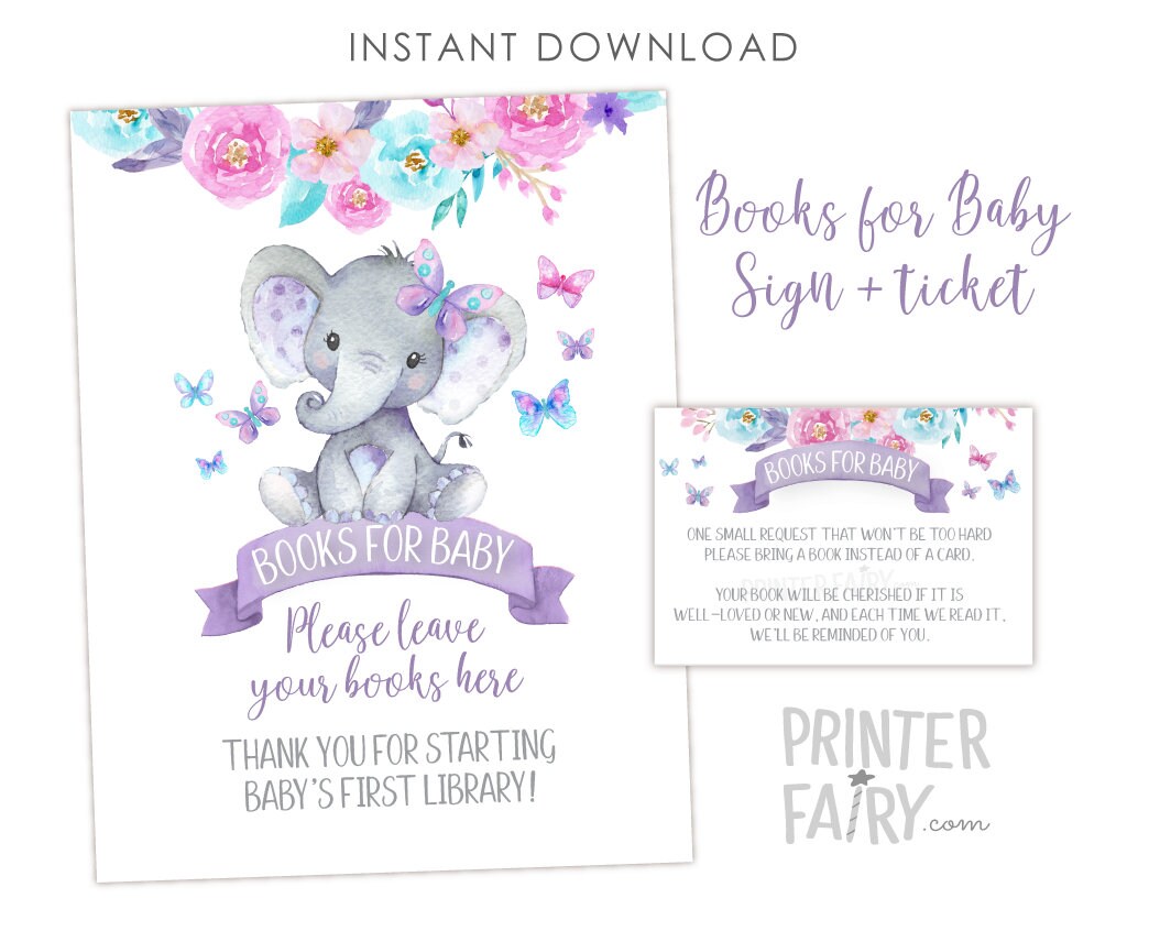 Elephant Books For Baby Sign and Inserts, Baby Shower (Instant Download)