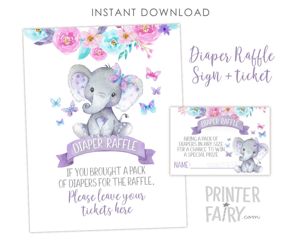Elephant Diaper Raffle Inserts and Sign Instant Download, Girl Baby Shower Activities, First Birthday