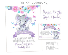 Elephant Diaper Raffle Inserts and Sign Instant Download, Girl Baby Shower Activities, First Birthday