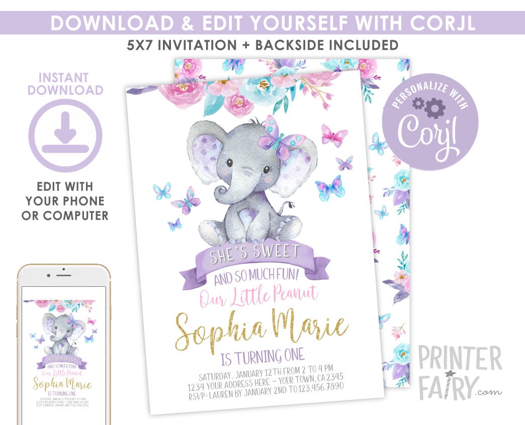Elephant and Butterfly Floral 1st Birthday Invitation Editable Template for Any Age, Instant Download