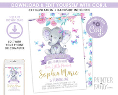 Elephant and Butterfly Floral 1st Birthday Invitation Editable Template for Any Age, Instant Download