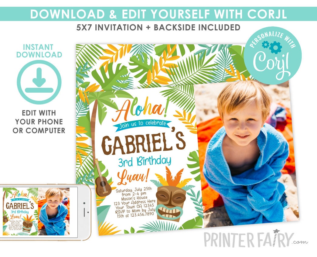 Luau Birthday Invitation with Photo, Editable Digital Invite
