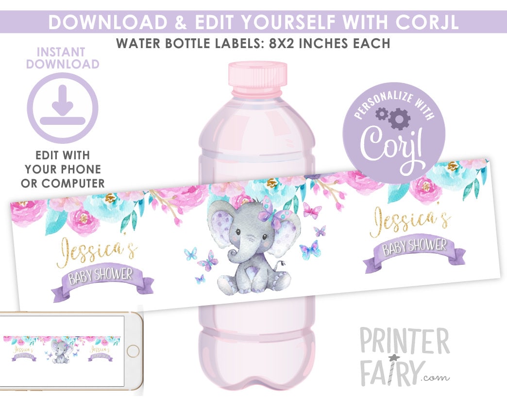 Elephant Water Bottle Labels EDITABLE Template, Floral Spring Butterflies Shower, Party Decorations, INSTANT DOWNLOAD