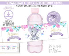 Elephant Water Bottle Labels EDITABLE Template, Floral Spring Butterflies Shower, Party Decorations, INSTANT DOWNLOAD