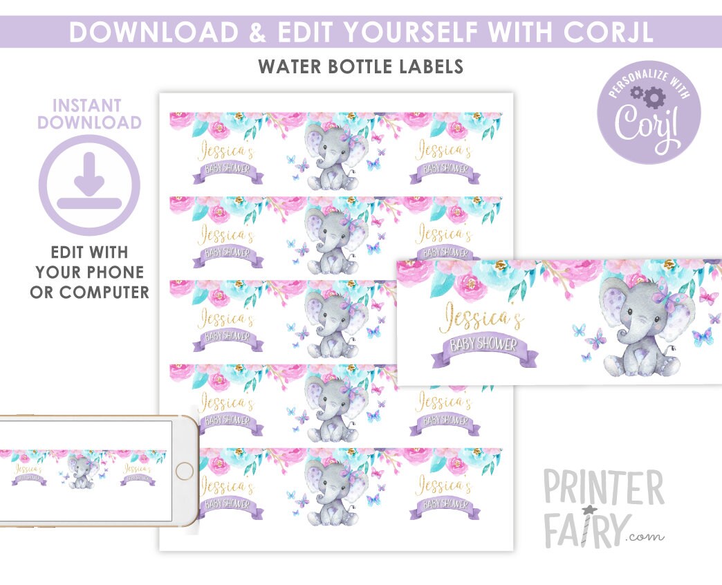 Elephant Water Bottle Labels EDITABLE Template, Floral Spring Butterflies Shower, Party Decorations, INSTANT DOWNLOAD
