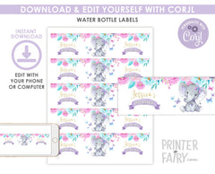 Elephant Water Bottle Labels EDITABLE Template, Floral Spring Butterflies Shower, Party Decorations, INSTANT DOWNLOAD