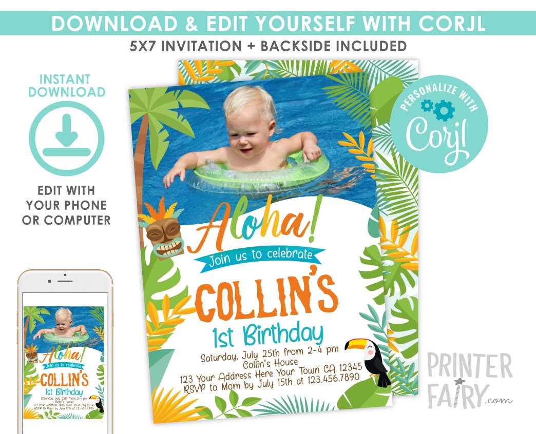 Editable Luau Birthday Invitation, Photo Option (Instant Download)
