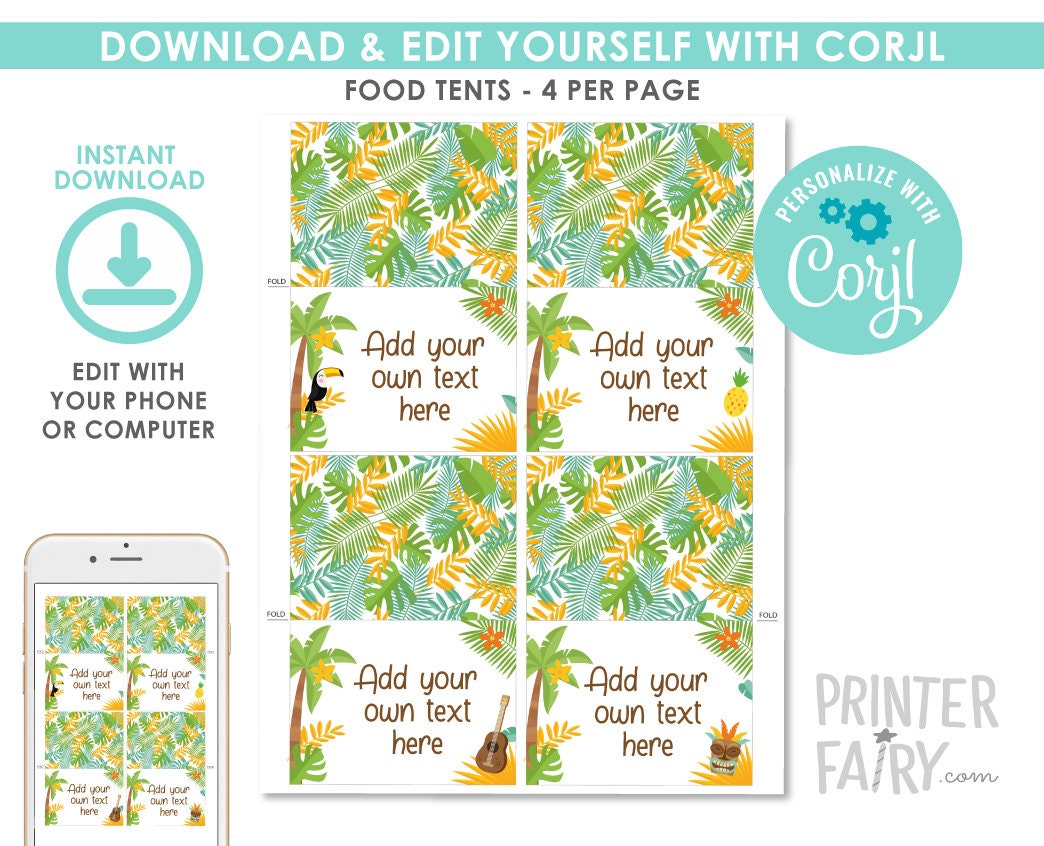 Luau Food Tents EDITABLE Template, Hawaiian Party Decor, INSTANT DOWNLOAD