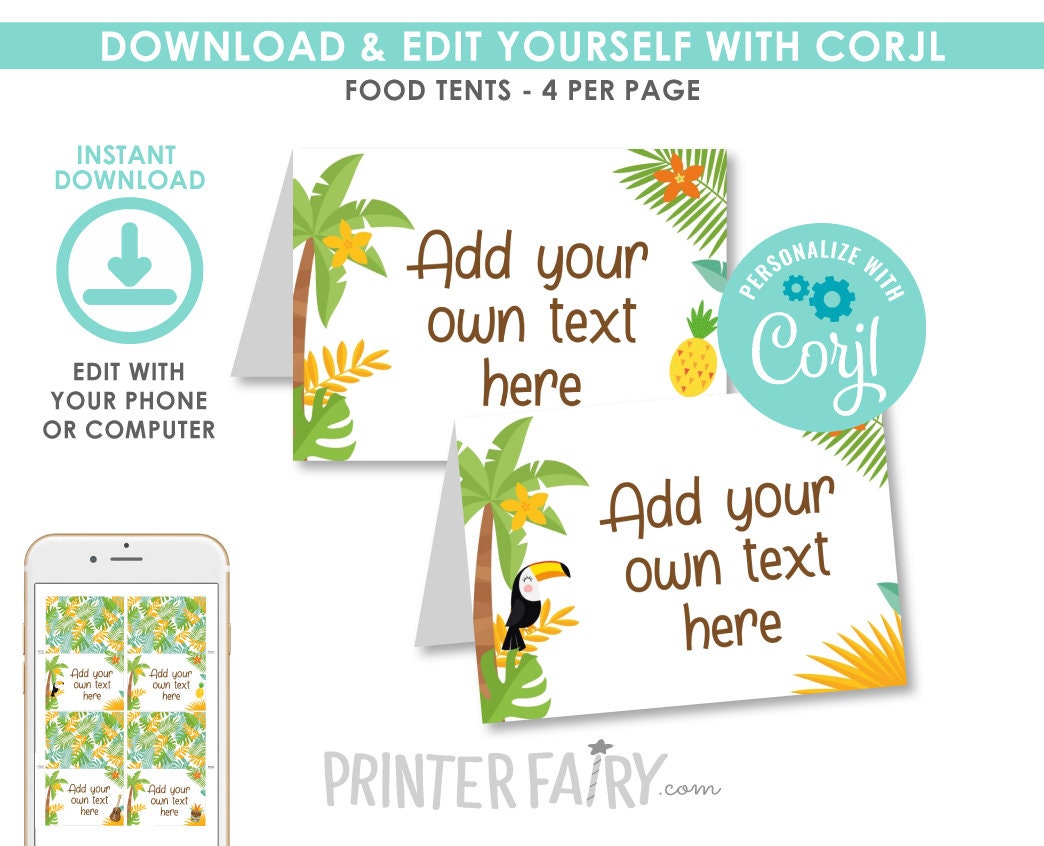 Luau Food Tents EDITABLE Template, Hawaiian Party Decor, INSTANT DOWNLOAD