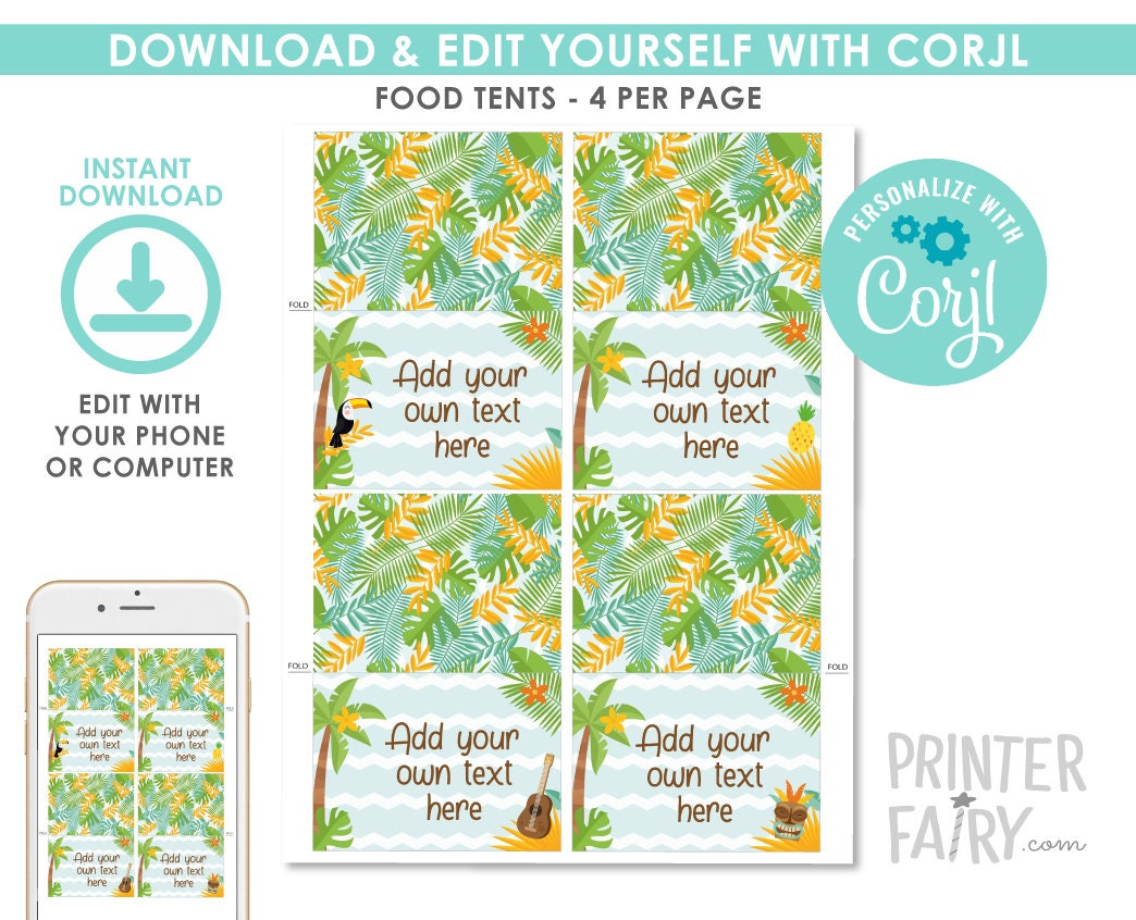 Editable Luau Food Tent Cards, Tropical Tiki Party Labels (Digital Download)