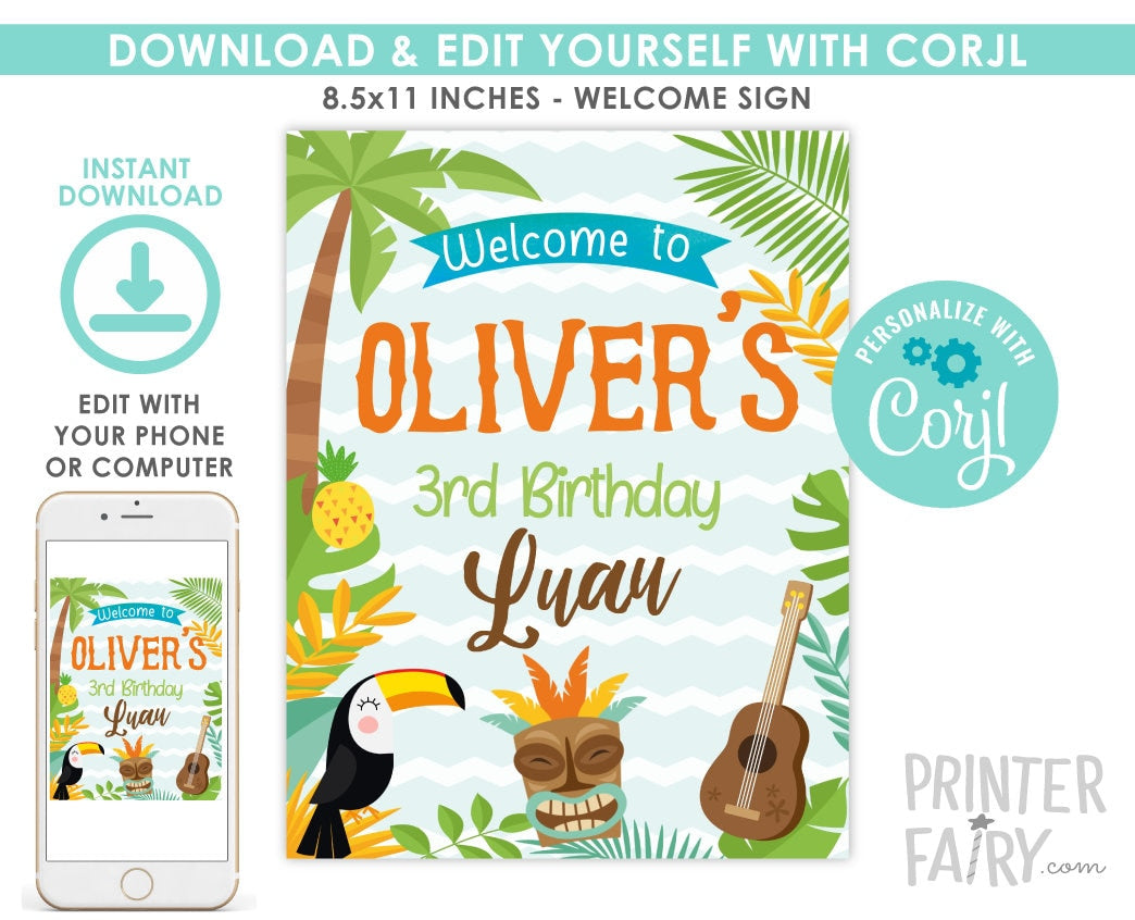 Editable Luau Welcome Sign, Hawaiian Birthday Party (Instant Download)