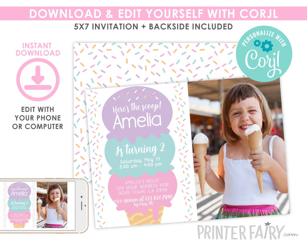 Ice Cream Birthday Invitation with Photo, Sprinkles, EDITABLE with Corjl