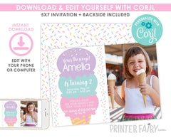 Ice Cream Birthday Invitation with Photo, Sprinkles, EDITABLE with Corjl
