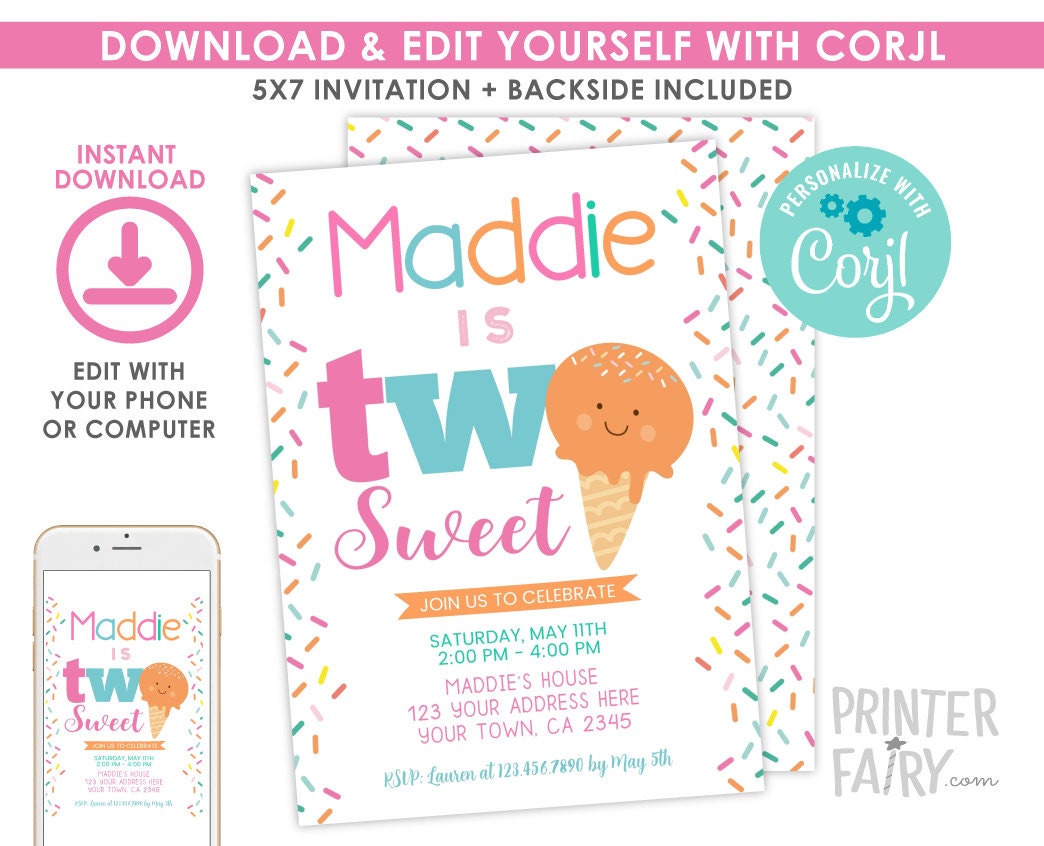 Ice Cream Party Invitation Template, Two Sweet 2nd Birthday Invitation, Instand Download