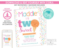 Ice Cream Party Invitation Template, Two Sweet 2nd Birthday Invitation, Instand Download