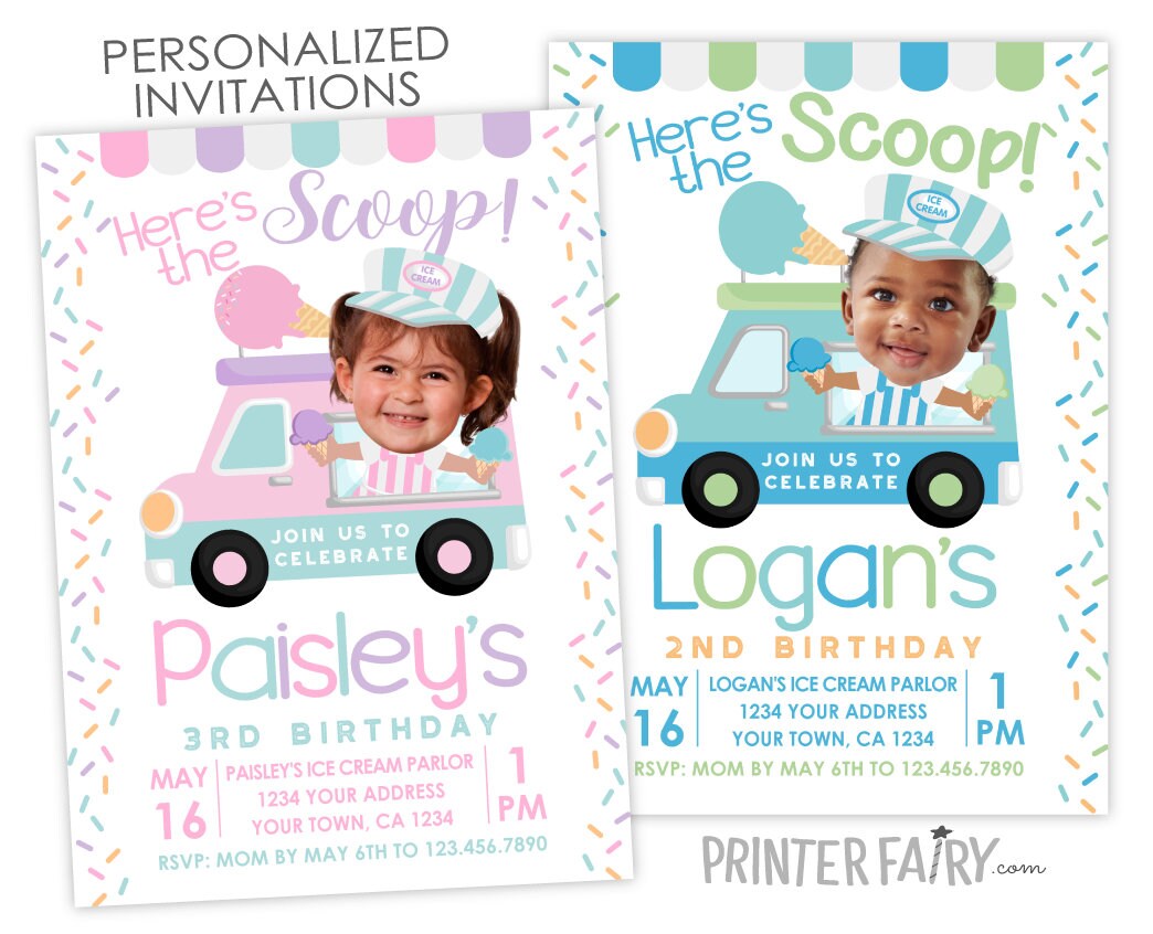 Ice Cream Truck Personalized Invitation with Photo for Any Age, Digital or Printable Design