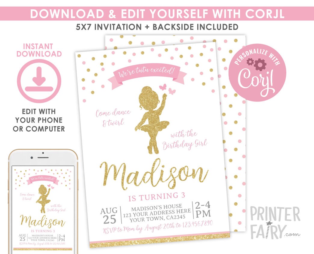 Ballerina Birthday Party Invitation Editable Template, Pink and Gold Theme, Instant Downlod
