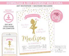 Ballerina Birthday Party Invitation Editable Template, Pink and Gold Theme, Instant Downlod