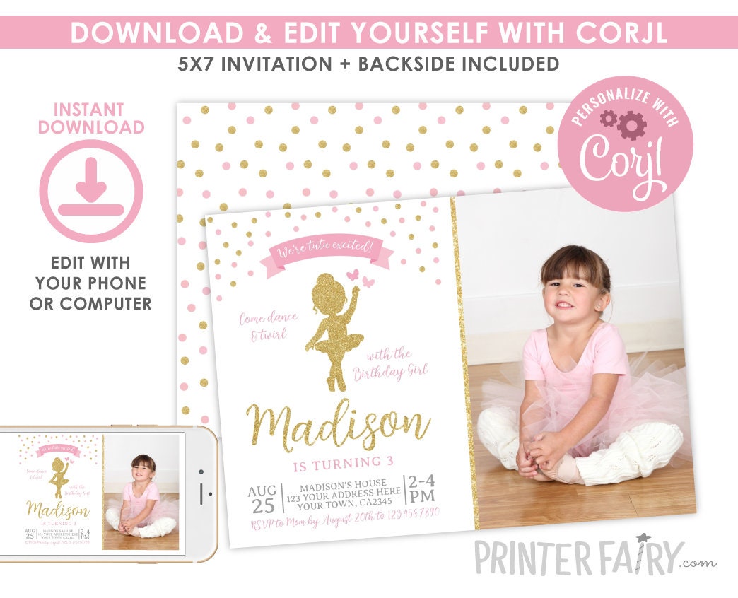 Editable Ballerina Birthday Invitation with Photo (Digital Invite)