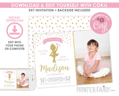 Editable Ballerina Birthday Invitation with Photo (Digital Invite)