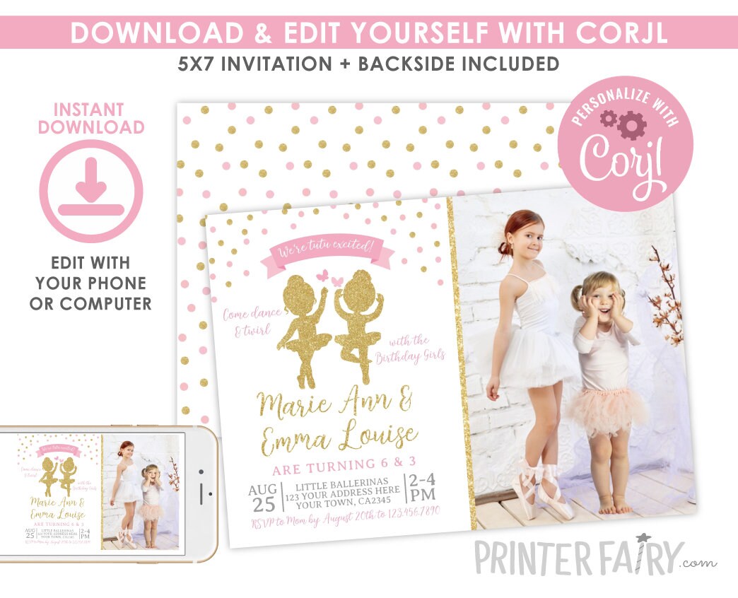 Ballerina Birthday Invitation, Photo, Siblings Party (Instant Download)