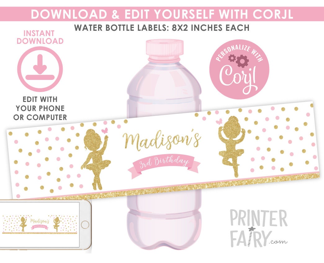 Ballerina Birthday Party Water Bottle Printable Labels Editable Template, Instant Download