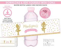 Ballerina Birthday Party Water Bottle Printable Labels Editable Template, Instant Download