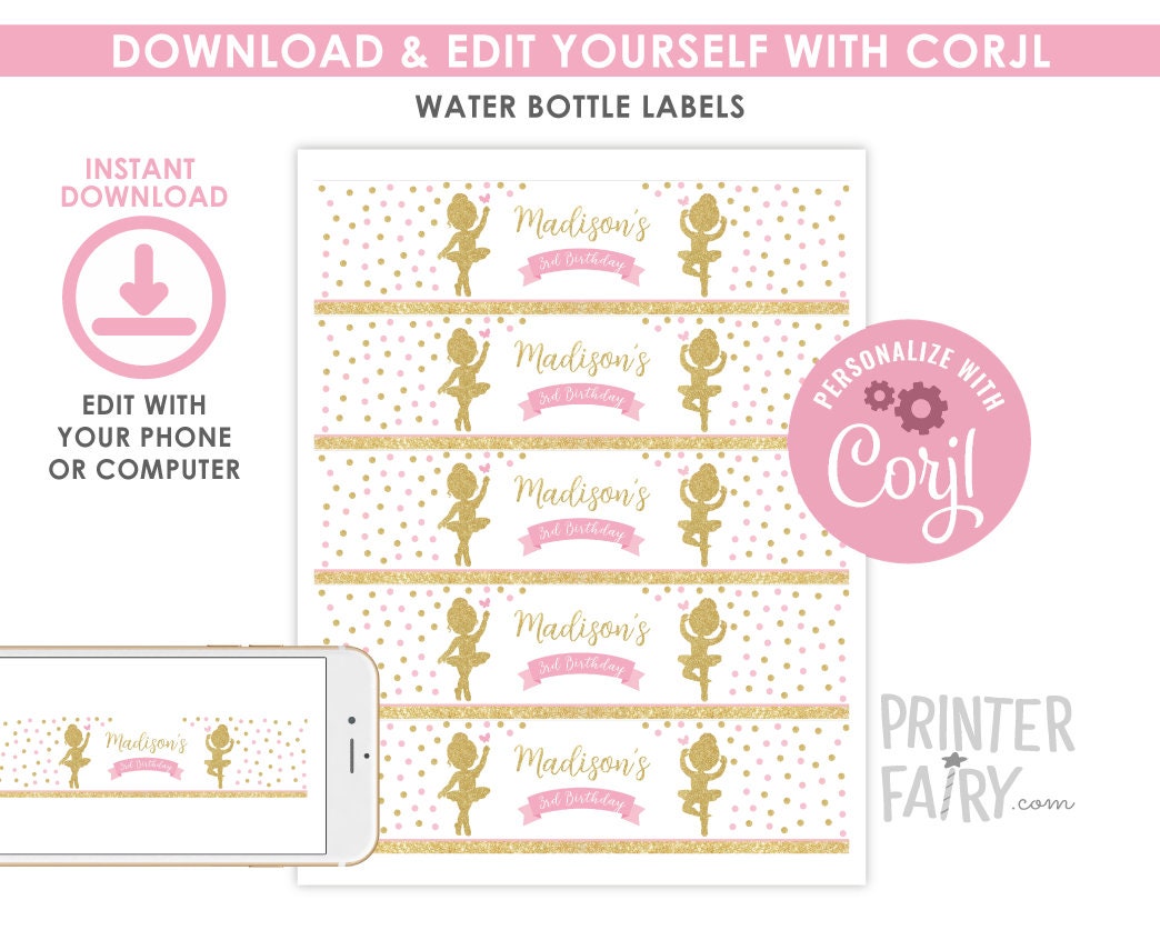 Ballerina Birthday Party Water Bottle Printable Labels Editable Template, Instant Download