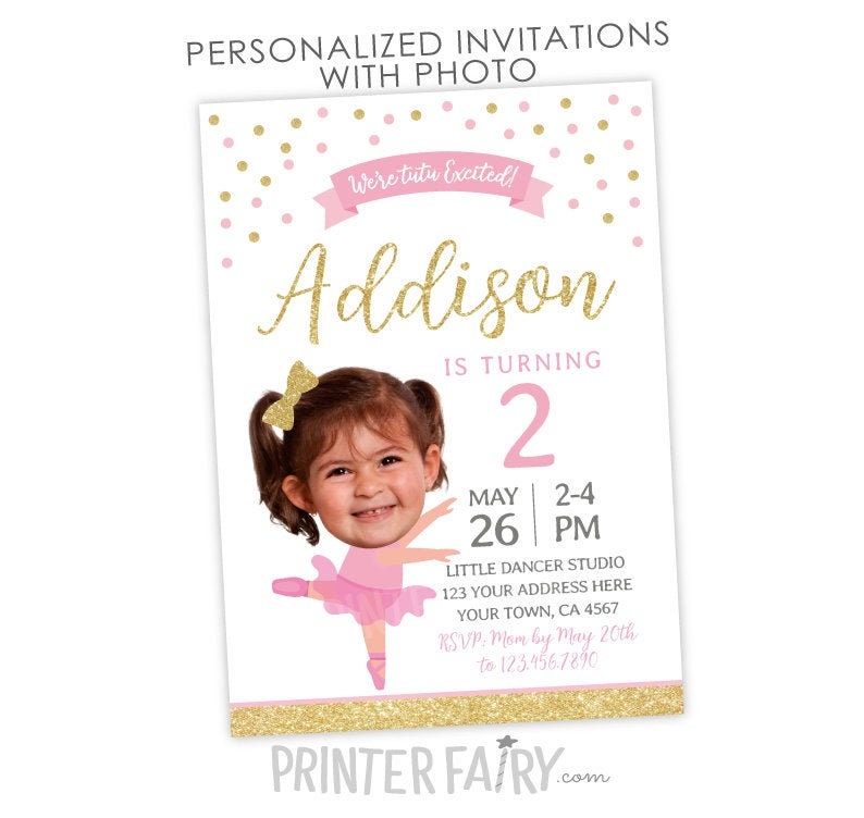 Ballerina Birthday Party Invitation Personalized with Photo for Any Age, Digital or Printable Design