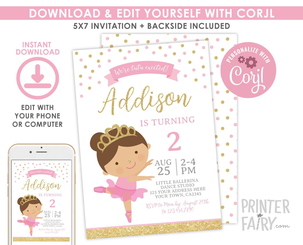 Editable Ballerina Birthday Invitation, Tutu Party (Instant Download)